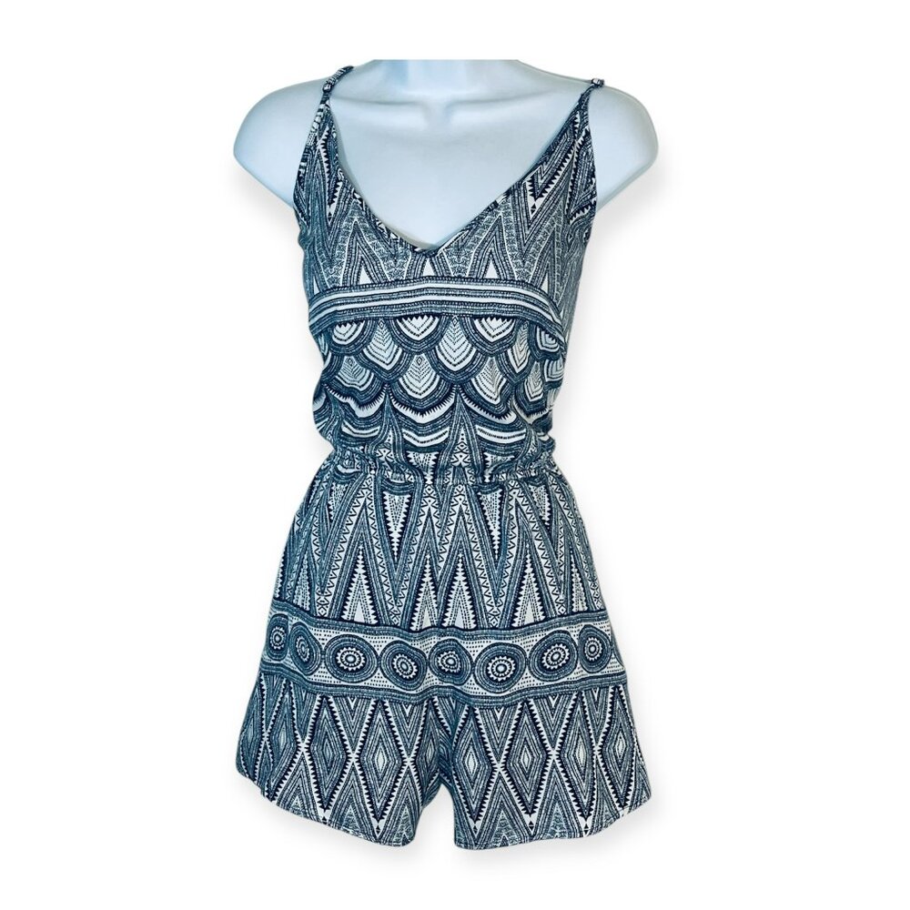 H&M Women Romper Shorts Size 12 R Adjustable Straps Blues Elastic Waist & Pocket